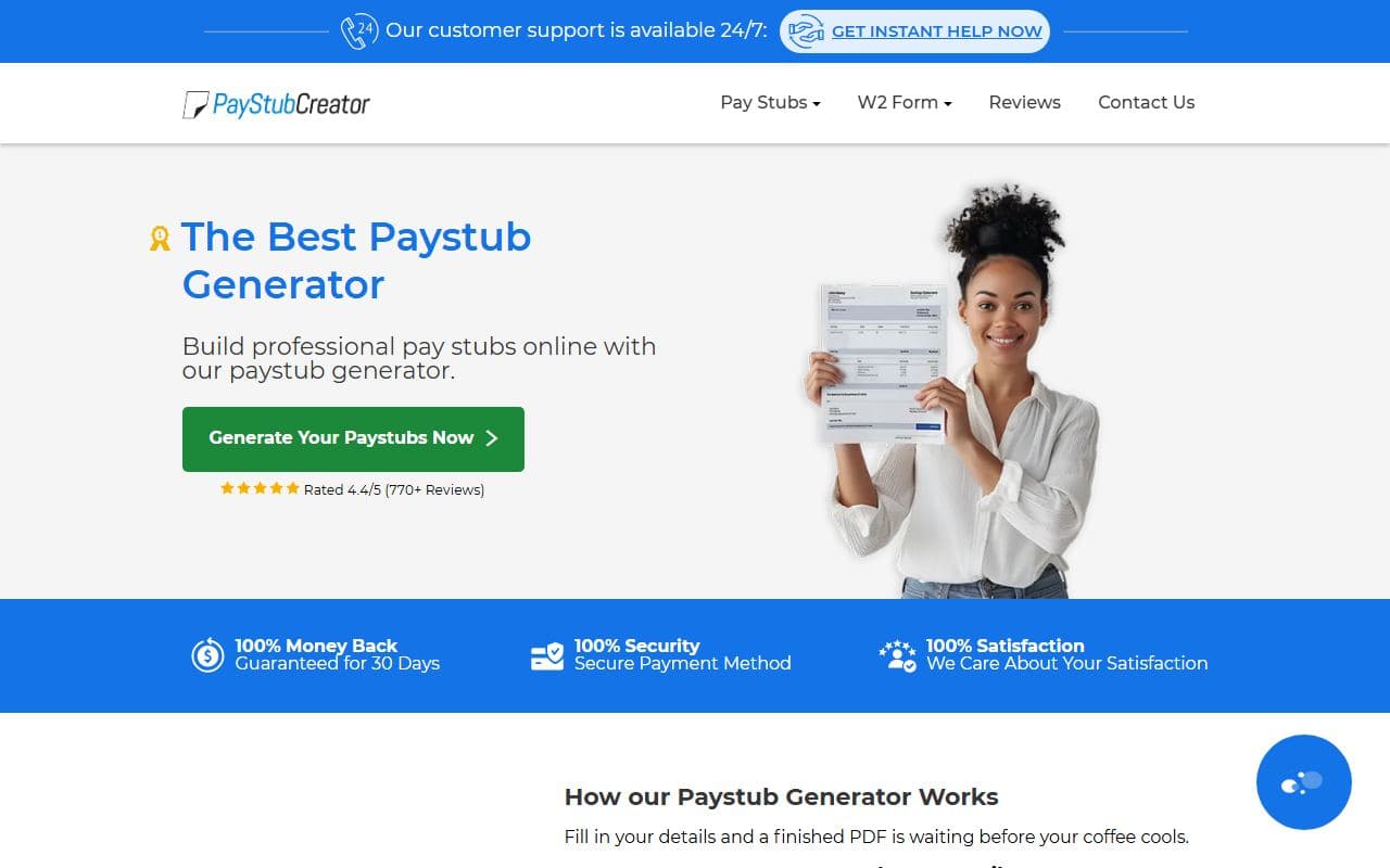 Screenshot of the PaystubCreator homepage