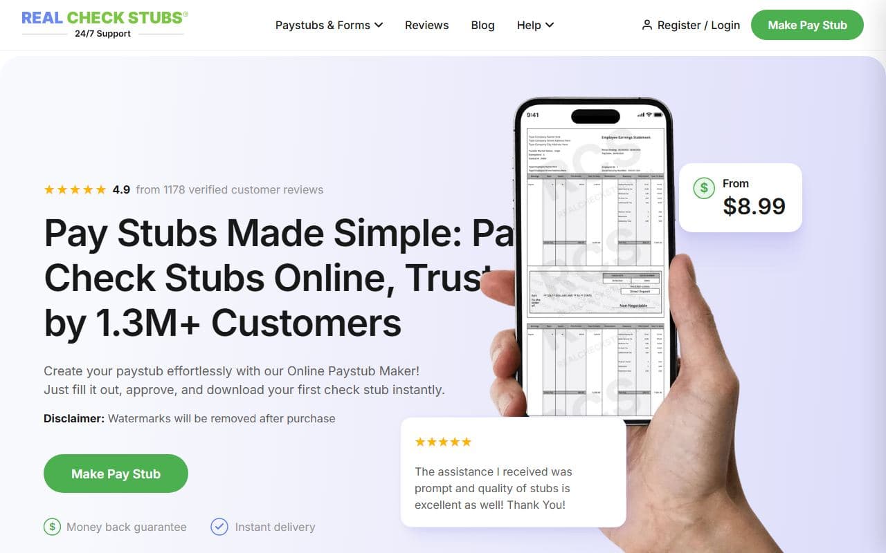Screenshot of the Real Check Stubs homepage
