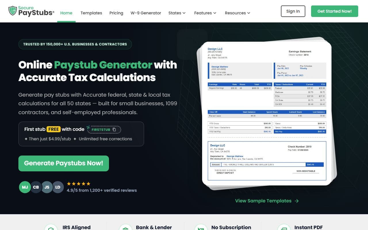 Screenshot of the SecurePayStubs homepage